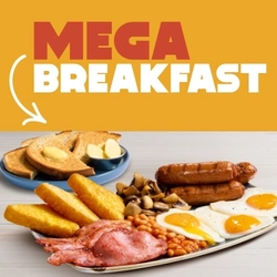 A banner promoting a Mega Breakfast at Hungry Horse.