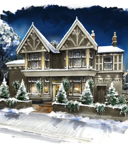 Crafted - The Four Oaks - Christmas Exterior Illustration