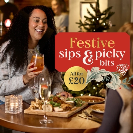 A 1438x834 Web Homepage Promo Banner advertising Festive Sips & Picky Bits at Chef & Brewer Venues.