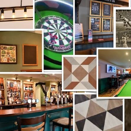 A collage of images of the interior of a pub
