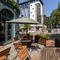 A beer garden outside of a pub