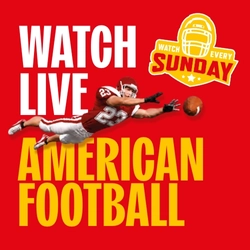Promotional graphic for live American football featuring the text “Watch Live American Football” and “Watch Every Sunday” on a bright red background. An American football player in a red and white uniform dives forward to catch a football, with a helmet-themed logo displayed in the top corner.