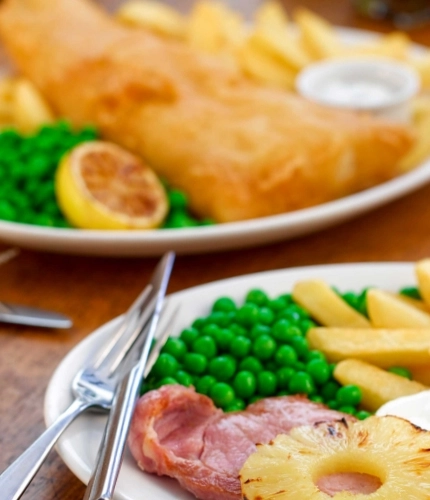 Fish and chips and gammon, egg and chips