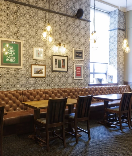 Interior dining area of a pub.