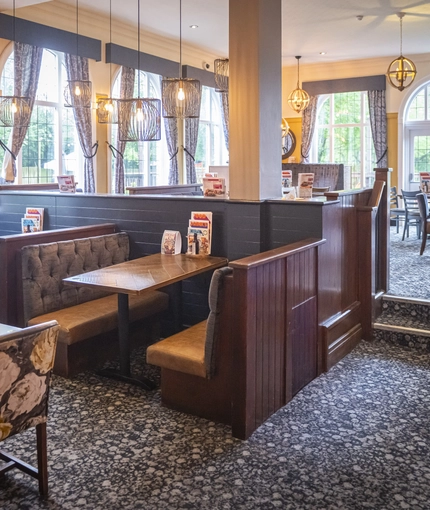 Interior dining area of a pub.