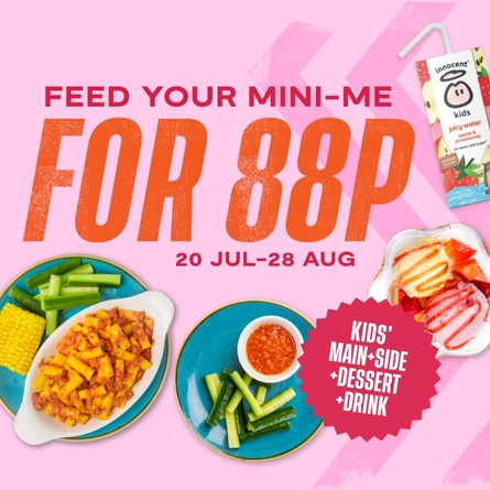 A graphic banner promoting 'Feed your mini me for 88p, with a 'kids main, side and dessert.' showing a image of pasta, cucumber sticks and ice cream at Flaming Grill venues. 