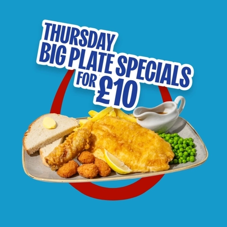 Promotional graphic reading “Thursday Big Plate Specials for £10” above a plate of fish and chips with peas, gravy, bread and butter, and potato bites on a blue background with a red horseshoe graphic