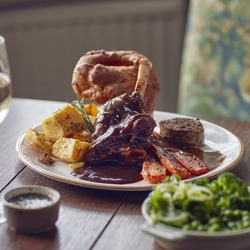 A beef roast dinner on a table.