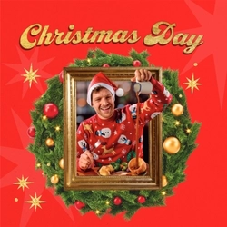 A banner showing the words "Christmas Day" in gold letters, above a Christmas wreath containing an image of a person at a restaurant table, pouring gravy onto the plate of Christmas dinner in front of them. The text and image sit on a red background and are surrounded by gold stars.