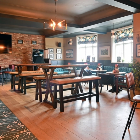 Interior seating area in a pub restaurant