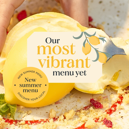 A banner showing a Lemon Cheesecake dessert to advertise the new menu available at Chef & Brewer venues.