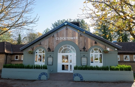 The exterior facade and signage of the Clocktower in Milton Keynes.
