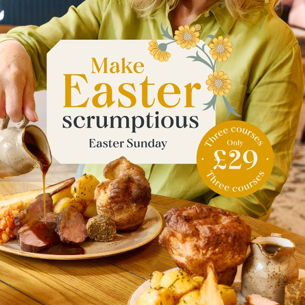 A 768x768 sized Web Homepage Promo Banner advertising Easter at Chef & Brewer venues.