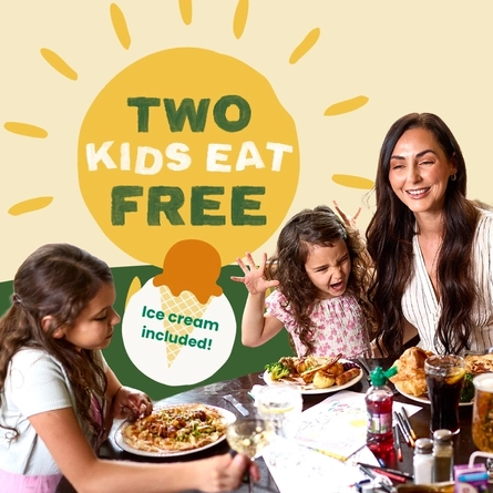 A banner showing the words "Two kids eat free, Ice cream included!", above an image of an adult and two children sitting at a restaurant table with food, drinks, colouring pages, and pencils in front of them.