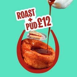 A graphic banner promoting 'Roast and pud £12' at Hungry Horse venues.