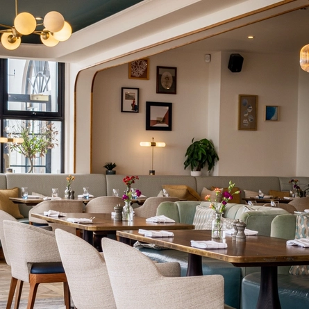 The interior restaurant seating area at The White Horses.