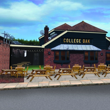 The exterior facade with outdoor seating benches and venue signage at The College Oak.