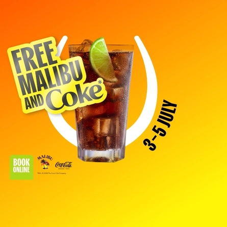A banner promoting a Free Malibu and Coke at Hungry Horse venues.