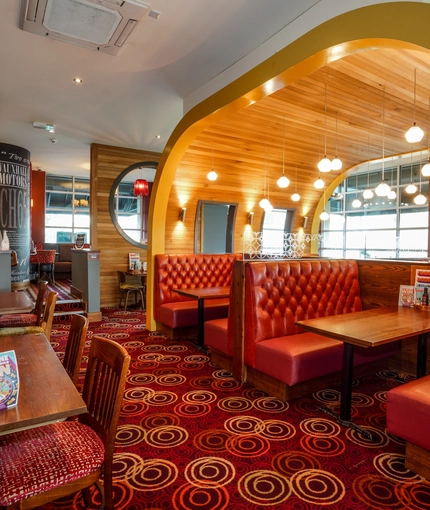 Interior dining area of a pub.