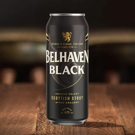 A can of Belhaven Black on a table.
