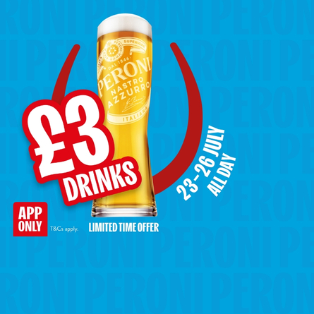 Promotional graphic featuring a pint of Peroni Nastro Azzurro beer on a bright blue background. Large text reads “£3 Drinks” with a red Hungry Horse horshoe highlight around the glass. Additional text states “25–26 July All Day,” “Limited Time Offer,” and “App Only,” with small print reading “T&Cs apply.”