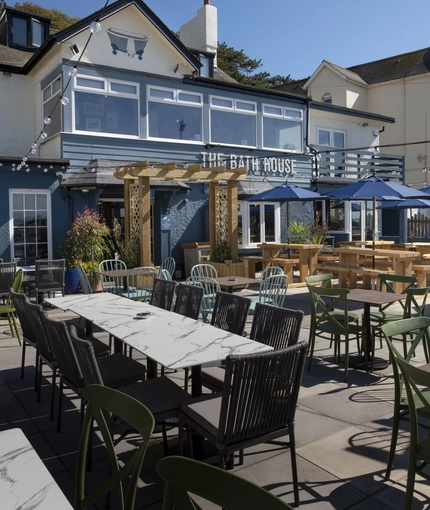 Exterior of the venue with the beer garden