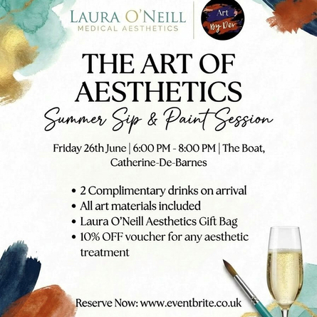 An info graphic with information about a Summer Sip & Paint Session What's On event at The Boat.