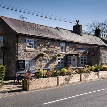The exterior of The Squinting Cat, and part of the beer garden.
