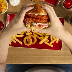 A pair of hands holding a burger over a plate of french fries.