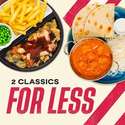 A banner showing 2 plated dishes with the wording "2 Classics For Less" to advertise an offer at Flaming Grill venues.