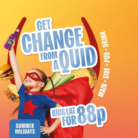 Promotional graphic on an orange gradient background featuring a child dressed as a superhero with a red cape and mask, holding a purple soft drink bottle above their head. Large text reads “GET CHANGE FROM A QUID.” Additional text states “KIDS EAT FOR 88p” and “MAIN + SIDE + PUD + DRINK.” A blue badge reads “SUMMER HOLIDAYS.” Food items including a burger, corn on the cob, cucumber slices, and pineapple pieces surround the figure, with a large red Hungry Horse Horseshoe l in the background.
