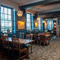 An image of the interior restaurant seating area with tables, chairs, brick cast iron fireplace and view from the window over the sea at The Spice Island.