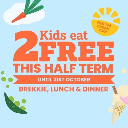 A banner promoting the Kids Eat Free campaign at Farmhouse Kitchen venues.