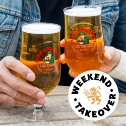 A banner of two pints of Moretti in a cheers position with a 'Weekend takeover' logo for Greene King Belhaven venues.