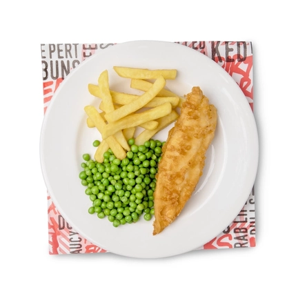 A top-down view of a piece of hand-battered fish served on a plate with chips and peas.