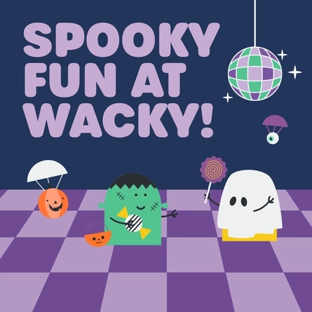 A graphic promoting Halloween at Wacky Warehouse.