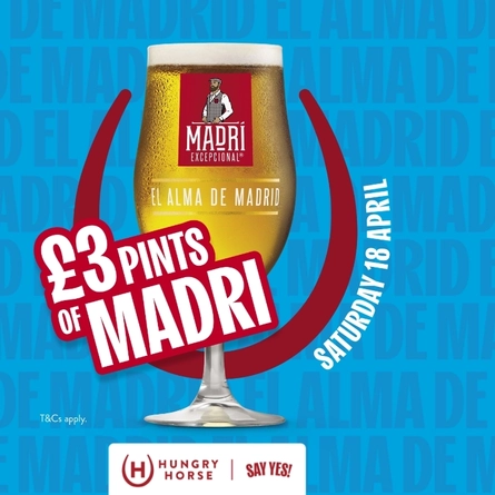 A banner promoting the £3 Pint Madri Campaign at Hungry Horse venues.  