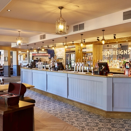 The interior restaurant, seating area and bar at the Sovereigns.