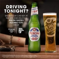 A 600x600 CRM Banner showing a bottle and pint of Peroni 0.0% Lager to promote a THINK! Festive Designated Driver Campaign.