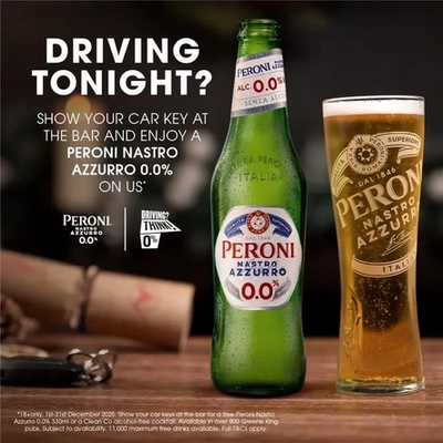 A 600x600 CRM Banner showing a bottle and pint of Peroni 0.0% Lager to promote a THINK! Festive Designated Driver Campaign.