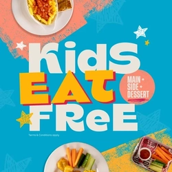 A banner promoting the 'Kids-Eat-Free' promotion at Flaming Grill venues.