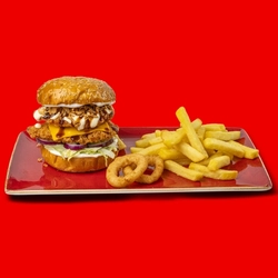 A packshot featuring a plated Smoky Rancher Burger dish available for delivery from Hungry Horse venues.