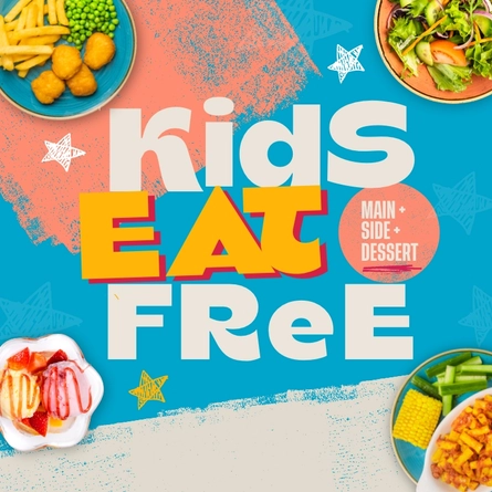 A banner featuring the words "Kids eat free" and "Main + Side + Dessert", surrounded by plates of food and doodles of stars; on a blue, peach, and grey background.