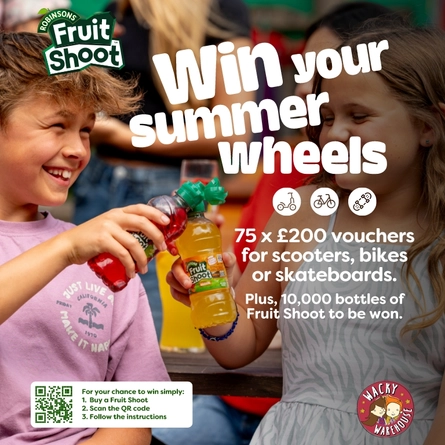 A banner promoting a chance to win vouchers for scooters, bikes, or skateboards, and free Fruit Shoot bottles at Wacky Warehouse venues.