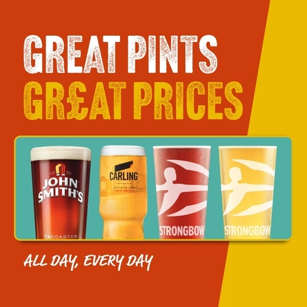 A graphic promoting 'great pints great prices' at Proper Locals.