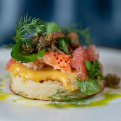 Lobster thermidor, sourdough crumpet, pink grapefruit and herb salad served on a plate