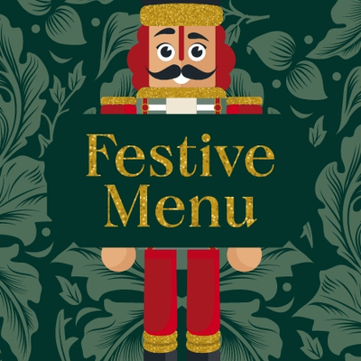 A promo square banner featuring a Christmas Nutcracker figure behind the wording "Festive Menu" to advertise Christmas events at Chef & Brewer venues.