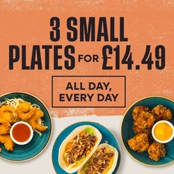 A graphic banner promoting small plates at Flaming Grill venues '3 small plates for £ all day everyday.'