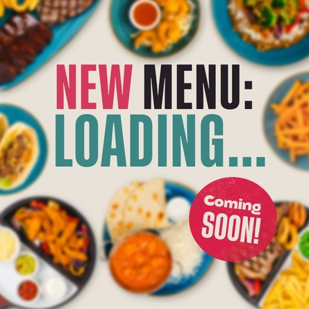 A graphic banner promoting the new menu coming to Flaming Grill venues 'New menu loading, coming soon.'