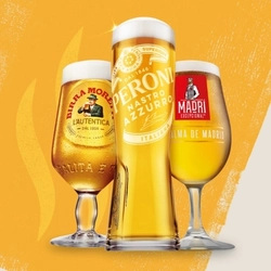 A graphic banner promoting world larger with pints of Madri, Birra Moretti and Peroni for Flaming Grill venues.